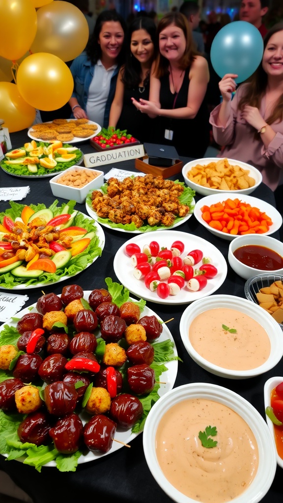 A festive array of appetizers for a graduation party including vegetable platter, meatballs, and caprese skewers.